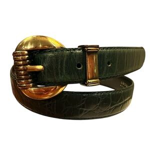 Vintage Liz Claiborne Green Croc Embossed 1” Belt w/Gold Buckle size Large